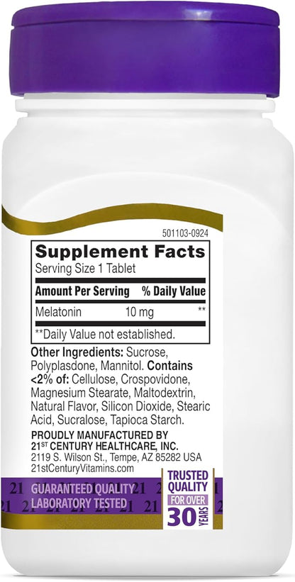 21st Century, Melatonin Quick Dissolve Tablets 10 mg, White, Cherry, 120 Count