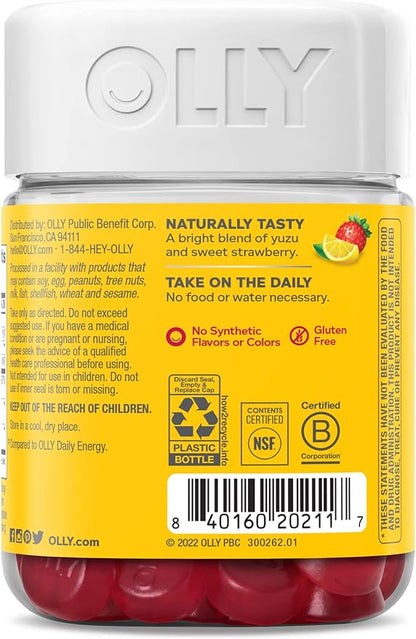 OLLY Extra Strength Daily Energy Gummy, Caffeine Free, 1000mcg Vitamin B12, CoQ10, Goji Berry, Adult Chewable Supplement, Berry Yuzu Flavor - 60 Count