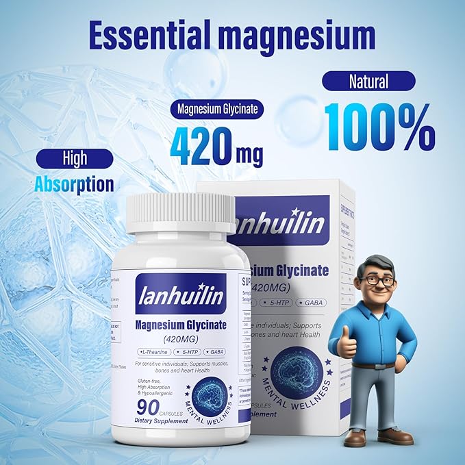 6-in-1 Magnesium Complex, 420mg Pure Magnesium Glycinate, Magnesium Supplement with GABA, 5-HTP, L-Theanine, L-Tyrosine, Vegetarian & High Absorption, 90 Capsules