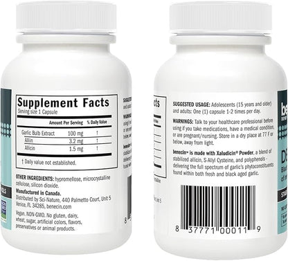Benecin Defense 1500 mcg Stabilized Allicin per Capsule | Plus high Amounts of SAC & Polyphenols from Black Garlic | Powerful Support of Immune & Heart Function Vegetarian Caps (1 Count (Pack of 180))