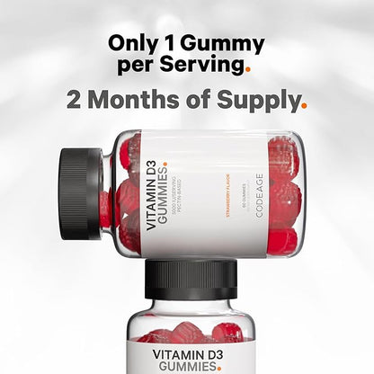 Codeage Vitamin D3 Gummy Vitamins, Vitamin D3 5000 IU Gummies Cholecalciferol 125 mcg - 2-Month Supply - Soft Pectin-Based, Animal Gelatin-Free Vitamins Gummy, Strawberry, Gluten-Free - 60 Gummies