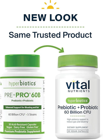 Hyperbiotics Vital Nutrients Prebiotic and Probiotic for Women and Men | 60 Billion CFU | Pre and Probiotics Supports Digestive Health, Constipation, Diarrhea, Gas & Bloating* | 30 Vegan Capsules