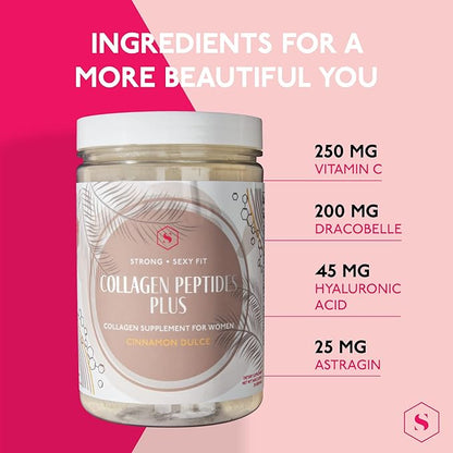 Strong + Sexy Fit Collagen Peptides Plus Powder with Hyaluronic Acid and Vitamin C, Women's Hair, Skin, Nails and Joint Support Supplement, Grass Fed Bovine Collagen, Cinnamon Dulce, 20 - 40 Svg