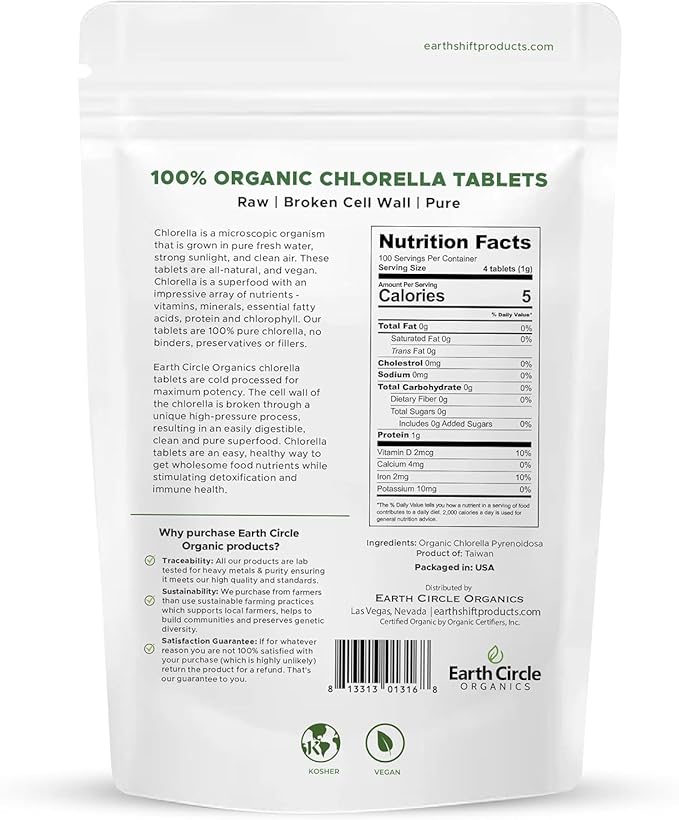 Organic Chlorella Tablets 400 Count | High Potency Superfood | Chlorophyll Pills from 100% Pure Green Algae | Broken Cell Wall for Maximum Absorption | Vegan, Kosher, Non-GMO | 4 Tabs per Day (3-Pack)