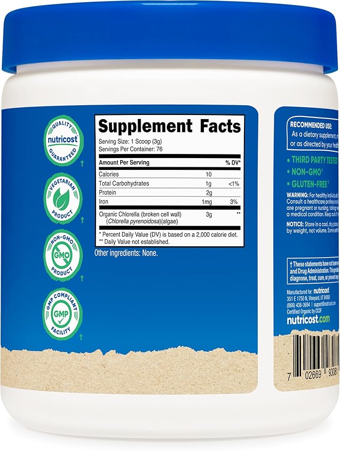 Nutricost Organic Chlorella Powder 8oz - 3000mg Per Serving - Non-GMO, Gluten Free