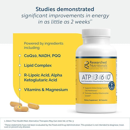 Researched Nutritionals ATP 360 Mitochondrial Supplements - ATP Supplements with Coq 10 & Vitamins for Energy Support - Help Repair Mitochondrial Membranes (90 Capsules)
