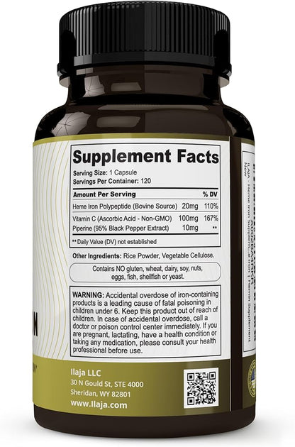 Heme Iron Deficiency Supplement for Women & Men (120 Capsules) – 20mg High Absorption, Clean Ingredients - Contains 111% of Iron DV per Capsule - 2-4 Month Supply