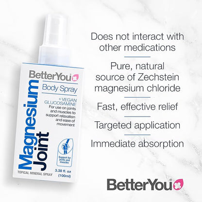 BetterYou Magnesium Joint Body Spray - Muscle Relief Spray - Topical Magnesium Chloride and Glucosamine - Cooling Menthol and Eucalyptus - 3.38 oz
