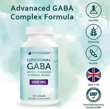 Liposomal GABA Supplements 1000mg with L-Theanine 200mg,High Absorption,Ashwagandha,Chamomile,Tart Cherry Herbal Supplement for Adults,120 Softgels,Non-GMO,Gluten Free