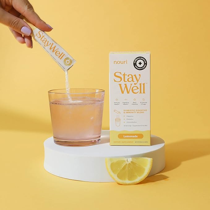 Nouri Daily StayWell Lemonade Drink Mix | Probiotics, Prebiotics, Colostrum, L-Glutamine, Vitamins D & B12, Magnesium, Manganese & Zinc for Gut Health, Digestion & Immunity | 14 Stick Packs