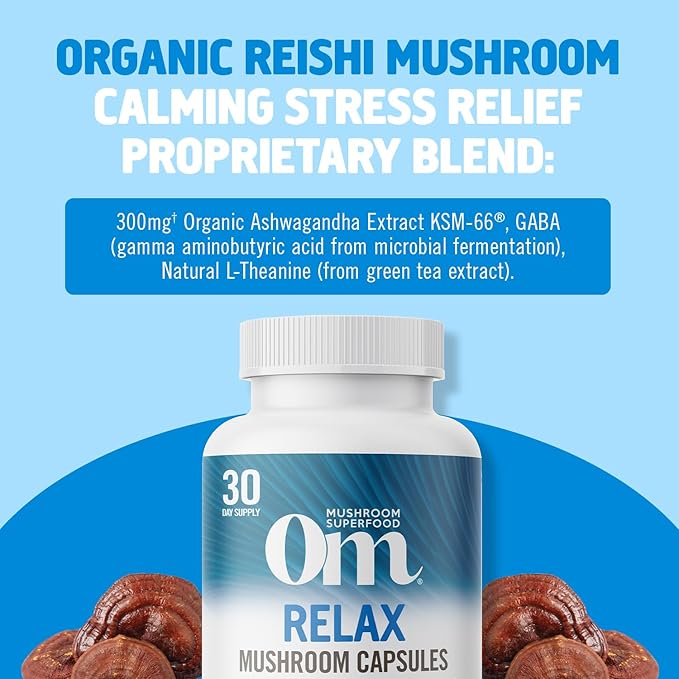 OM MUSHROOM SUPERFOOD Relax Mushroom Capsules, 90 Count, 30 Days, Reishi Mushrooms, Ashwagandha, GABA, L-Theanine, Magnesium, Adaptogens for Stress Support (Formerly Gently Zen, Packaging May Vary)