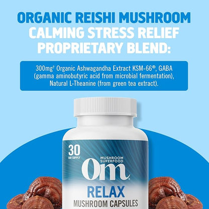 OM MUSHROOM SUPERFOOD Relax Mushroom Capsules, 90 Count, 30 Days, Reishi Mushrooms, Ashwagandha, GABA, L-Theanine, Magnesium, Adaptogens for Stress Support (Formerly Gently Zen, Packaging May Vary)