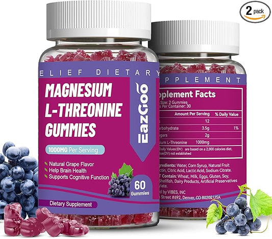 Magnesium Threonine Gummies 1000mg, L-Threonine Gummies for Adults, Best Magnesium Supplements for Brain, Non-GMO, Gluten Free, Vegan, 120 Grape Magnesium Gummies