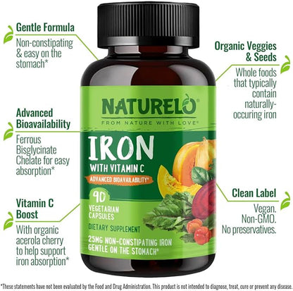 NATURELO Vegan Iron Supplement with Vitamin C and Organic Whole Foods - Gentle Iron Pills for Women & Men with Iron Deficiency Including Pregnancy, Anemia and Vegan Diets - 90 Mini Capsules