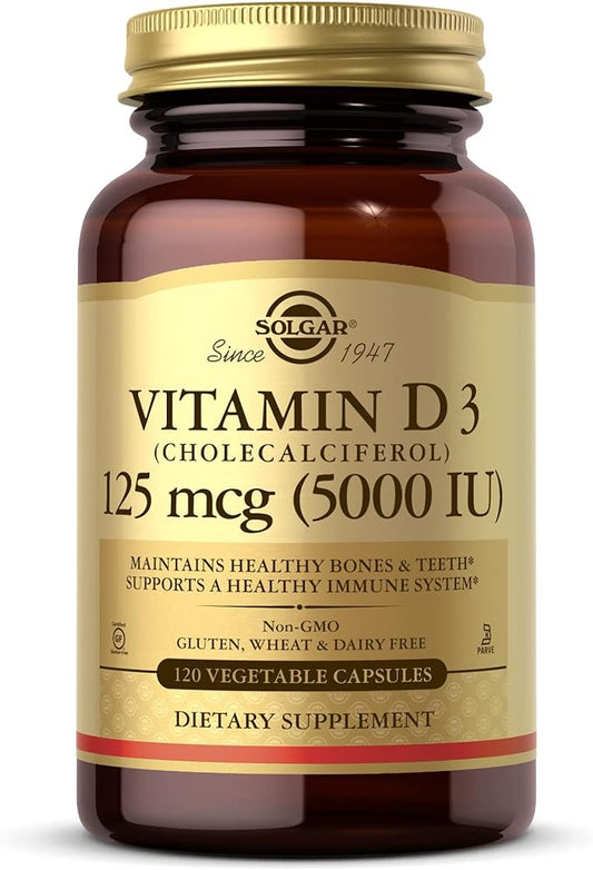 SOLGAR Vitamin D3 (Cholecalciferol) 125 mcg (5000 IU) - 120 Vegetable Capsules - Non-GMO, Gluten Free, Dairy Free, Kosher - 120 Servings