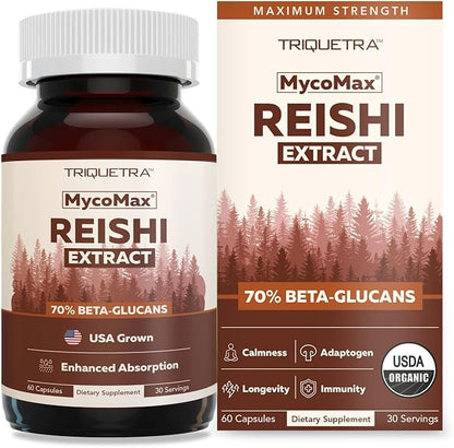 Organic Reishi Mushroom Capsules Extract - 70% Beta Glucans - Highest Active Nutrient Levels, Max Potency, US Grown + Ultrasonic Extraction - Energy, Immunity, Sleep and Stress - 60 Capsules