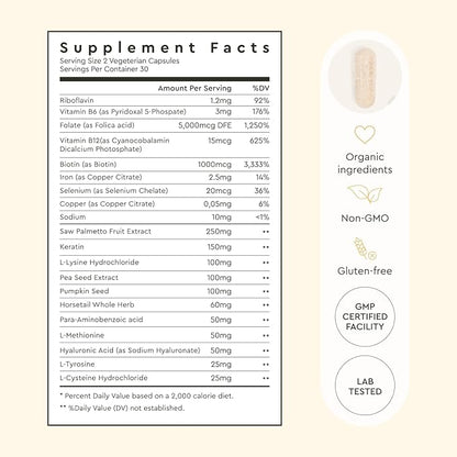 Alaya Hair Essentials - Hair Supplement with Biotin, Keratin, Folic Acid, Vitamin B12, B6 - Lab Tested - Gluten Free - 30 Day Supply