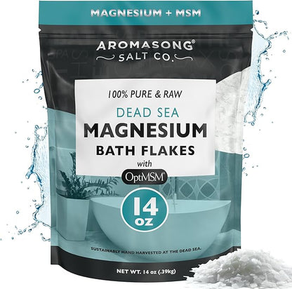 Aromasong RAW Magnesium Flakes + OptiMSM for Soaking 14 Oz. Resealable Pack - Muscle Relaxing Organic Bath Salts Magnesium Chloride Flakes.
