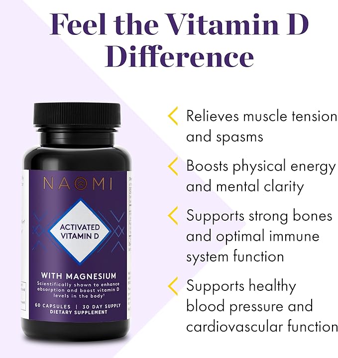 NAOMI Activated Vitamin D3 5000 IU (125 mcg) Supplement with Magnesium for Strong Bones, Teeth, Muscle, Immune and Mood Support, Non-GMO, Gluten Free, 60 Veggie Caps, 30 Day Supply
