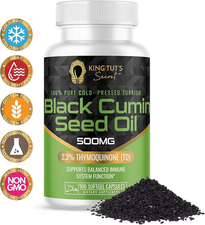 KING TUT'S SECRET Black Seed Capsules - 500 mg 100 Softgels - Nigella Sativa Extract, Black Cumin Supplement for Hair, Antioxidant Support, Immune System - Halal Black Seed Cumin Oil Capsules