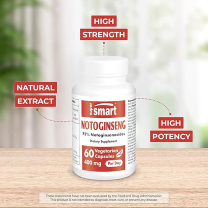 Supersmart - Notoginseng 400mg per Day (High Strength) - Panax Notoginseng Extract - 75% Notoginsenosides | Non-GMO & Gluten Free - 60 Vegetarian Capsules