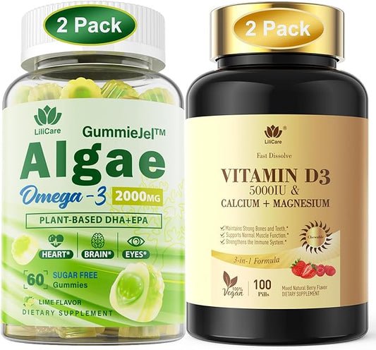 Bundle: Algae Omega 3 Gummies & Fast Dissolve Vitamin D3 5000IU with Calcium & Magnesium