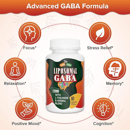 Liposomal GABA with L-Theanine Supplements 1200mg - High Absorption GABA Complex with Ashwagandha, Chamomile, Tart Cherry Herbal Supplements for Men and Women, 120 Softgels