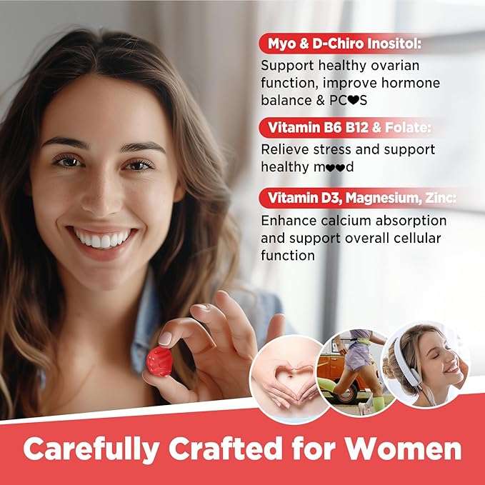 Myo-Inositol & D-Chiro Inositol Gummies, Vitamin B6 B12 & Folate for Women, Vegan, Sugar Free, Strawberry Flavor, 60 Count
