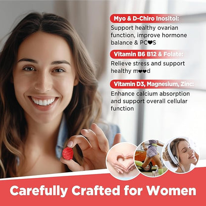 Myo-Inositol & D-Chiro Inositol Gummies, Vitamin B6 B12 & Folate for Women, Vegan, Sugar Free, Strawberry Flavor, 60 Count