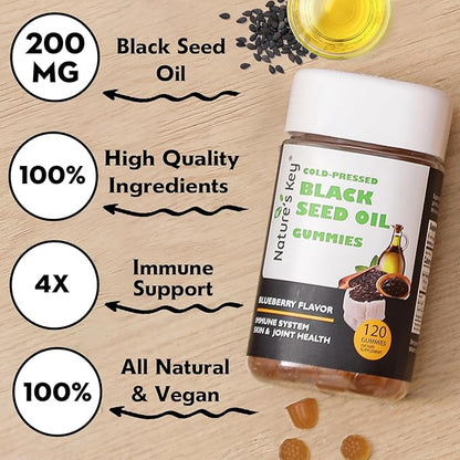 Nature's Key Black Seed Oil Gummies,Support Immunity, Joints, Digestion, Hair & Skin | Cold-Pressed, with 200mg Nigella Sativa Seed Oil, Vitamin C, Ginger, Pomegranate (Blueberry Flavor 120 Count)