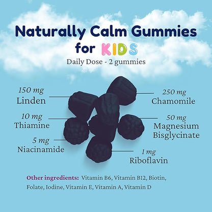 Dr. Klein's Naturally Calm Gummies for Kids - with Magnesium Glycinate, Linden & Vitamin A for Soothing Kids Ages 5+ - Vitamins to Aid Sleep - Chamomile Gummies - Calm Chews - Grape Sugar-Free 30ct