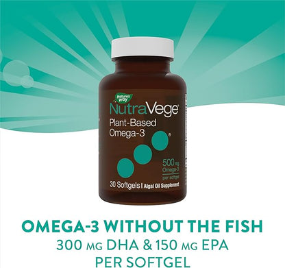 Nature's Way NutraVege Plant Based Omega-3, Heart Health and Eye and Brain Function*, 30 Vegan Softgels