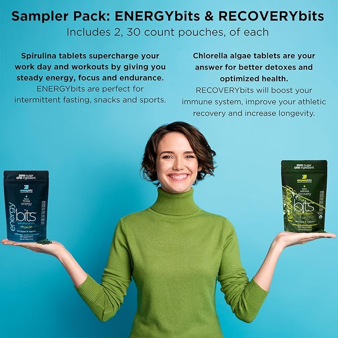 ENERGYbits/RECOVERYbits - Organic Spirulina & Chlorella Tablets - Single Serving Sample Packs - Algae Superfood - High Protein, Chlorophyll - Self Care - Vegan, Keto, Gluten Free - 4 Bags, 30/Bag