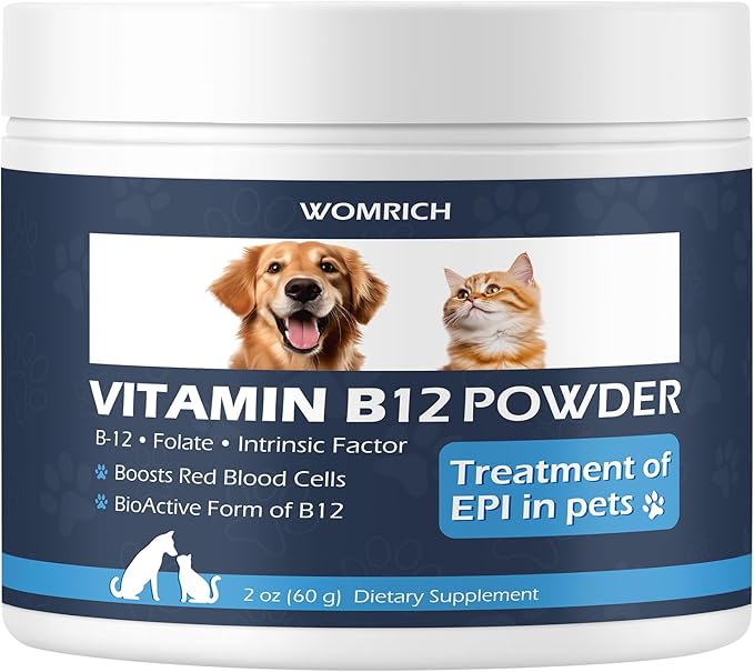 Vitamin B12 Powder Appetite Stimulant for Cats&Dogs Methylcobalamin Supplement with Folate and Intrinsic Factor, Treatment of EPI in Pets, Supports Energy, Red Blood Cell Formation, Nervous System 60g