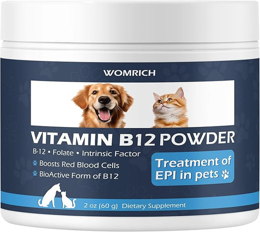 Vitamin B12 Powder Appetite Stimulant for Cats&Dogs Methylcobalamin Supplement with Folate and Intrinsic Factor, Treatment of EPI in Pets, Supports Energy, Red Blood Cell Formation, Nervous System 60g