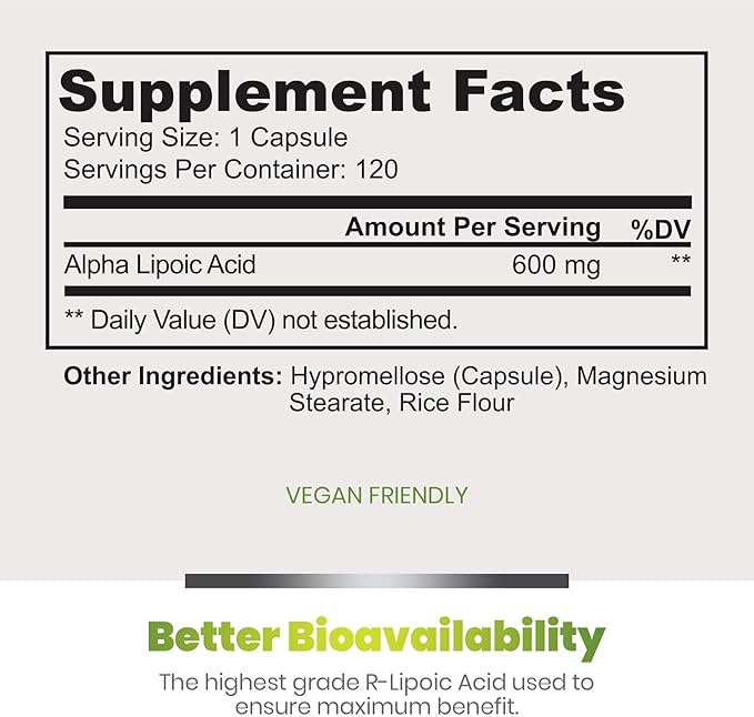 Simply Natures Pure Alpha Lipoic Acid 600mg 120 Veggie Capsules, Non-GMO Thioctic Acid 4 Month Supply