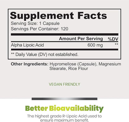 Simply Natures Pure Alpha Lipoic Acid 600mg 120 Veggie Capsules, Non-GMO Thioctic Acid 4 Month Supply