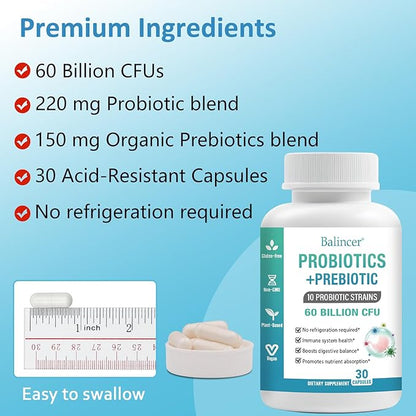 Probiotics and Organic Prebiotics for Women & Men, 60 Billion CFUs 10 Strains, Support Digestive & Gut Health, Gas & Bloating, 30 Capsules