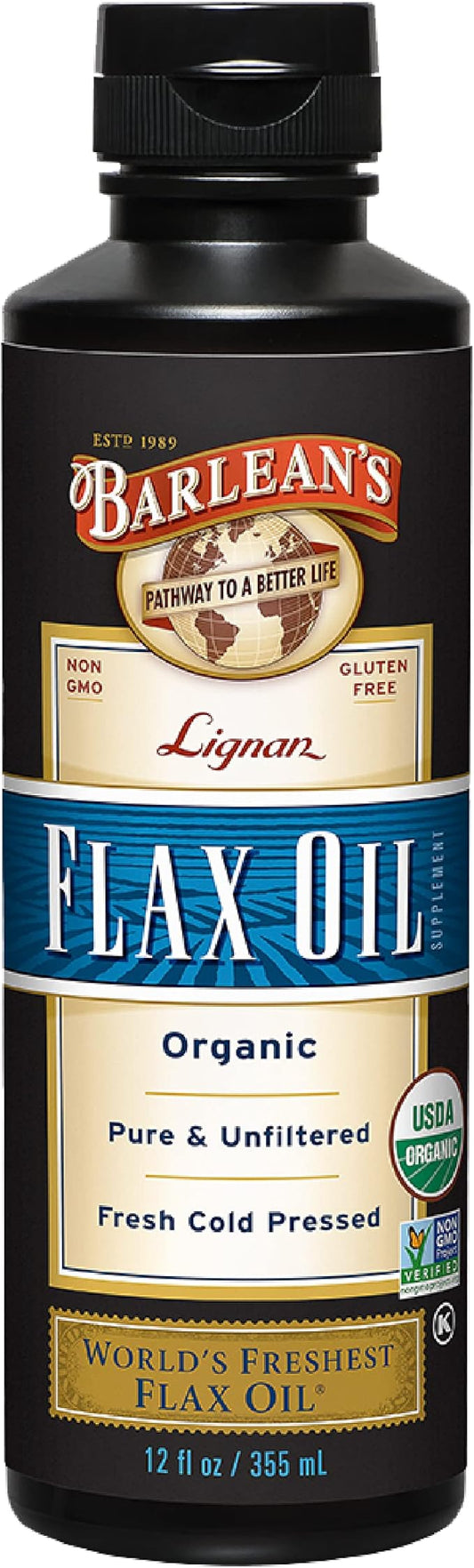 Barlean's Organic Lignan Flaxseed Oil Liquid Supplement from Cold Pressed Flax Seeds, 7,230 mg ALA Omega-3 Fatty Acids for Healthy Hair, Skin, and Eyes, Gluten Free, 12 oz