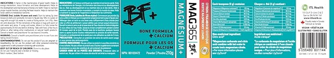 ITL Health BF Plus Calcium Zinc Magnesium Powder with D3, K2, C, B6, Boron, Zinc and Potassium | for Optimal Bone Health, and Immune Support (Exotic Raspberry Lemon, 210g)