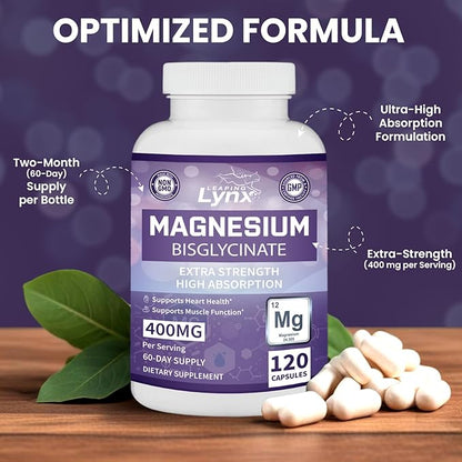Magnesium Glycinate 400 mg, [120 ct] Maximum Absorption Chelated & Purified Magnesium Supplement Capsules, Magnesium for Sleep, Energy, Muscle, Bone & Joint Support, Non-GMO, 2 Month Supply