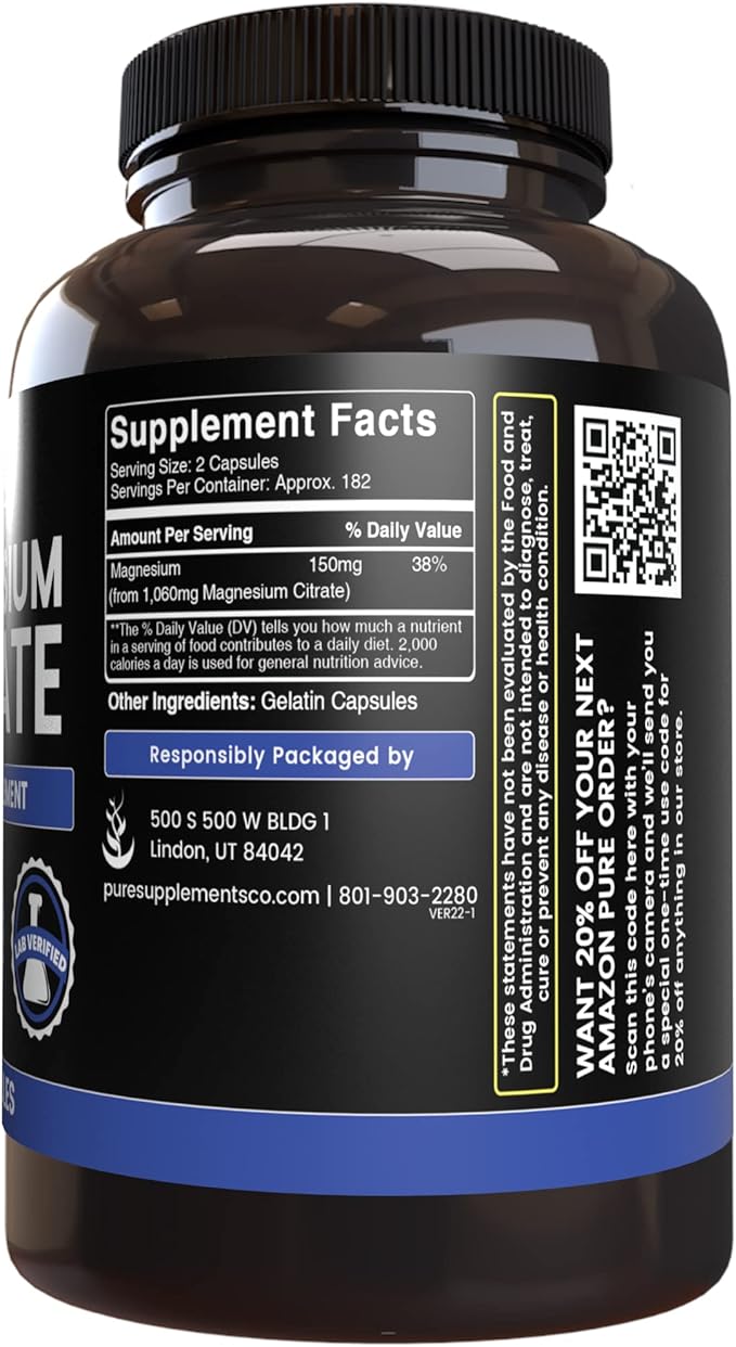 Pure Original Ingredients Magnesium Citrate (365 Capsules) No Magnesium Or Rice Fillers, Always Pure, Lab Verified