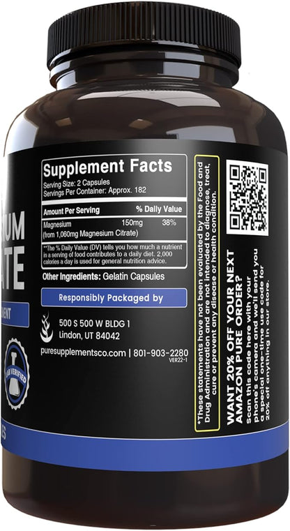 Pure Original Ingredients Magnesium Citrate (365 Capsules) No Magnesium Or Rice Fillers, Always Pure, Lab Verified
