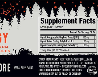 Organic ‘Energy’ Mushroom Supplement | Stamina & Endurance | 60 Day Supply | High Potency Blend | Cordyceps, Reishi, Turkey Tail | 100% Fruiting Body Extracts | Vegan, Non-GMO | Made in USA