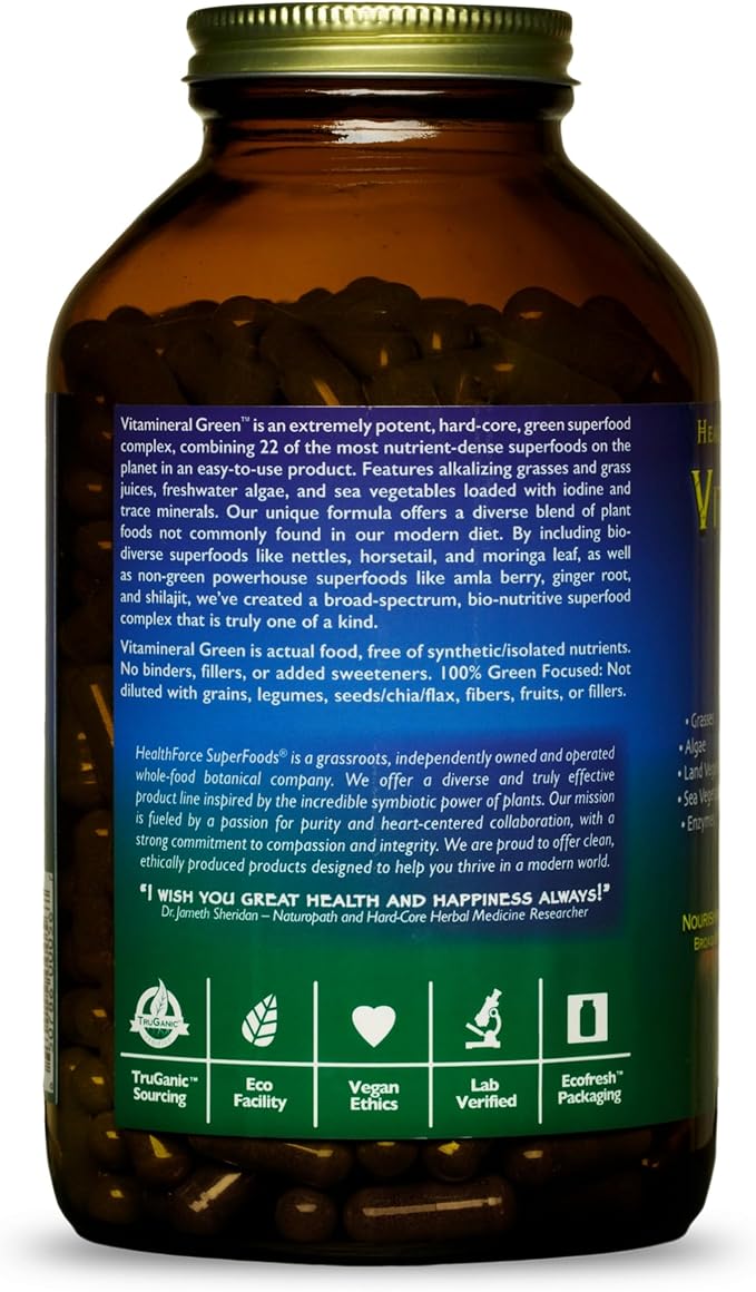 HealthForce SuperFoods Vitamineral Green - Mineral Supplement for Immune & Thyroid Support - Green Powder Supplement with Ingredients from The Land - Gluten-Free & Vegan - 400 Capsules (Pack of 3)