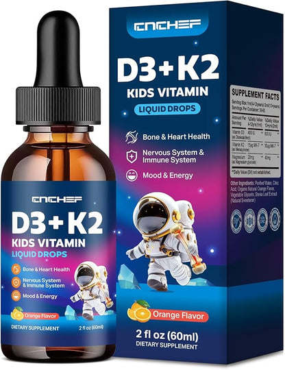 Vitamin D3 K2 Drops for Kids - Liquid Supplement with Magnesium for Calcium Absorption, Joint Health, Teeth & Heart - Non-GMO, Vegan, Orange, 2 Fl Oz - Kids Ages 4+