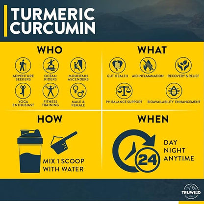 TruWild Vegan Turmeric Curcumin Drink Mix Powder with Organic Curcuminoids Black Pepper Ginger to Support Wellness and Joint Health, All Natural Made in USA, 20 Servings