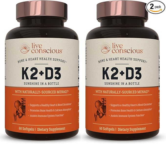 Live Conscious Vitamin K2 MK7 with D3 Supplement | Bone & Heart Health Support - Patented Vitamin K & Vitamin D3 5000 IU (2-Pack)