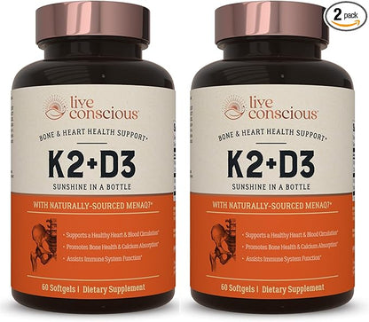Live Conscious Vitamin K2 MK7 with D3 Supplement | Bone & Heart Health Support - Patented Vitamin K & Vitamin D3 5000 IU (2-Pack)