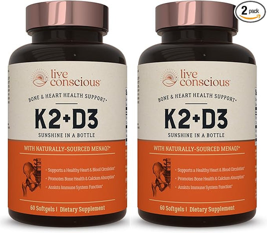 Live Conscious Vitamin K2 MK7 with D3 Supplement | Bone & Heart Health Support - Patented Vitamin K & Vitamin D3 5000 IU (2-Pack)